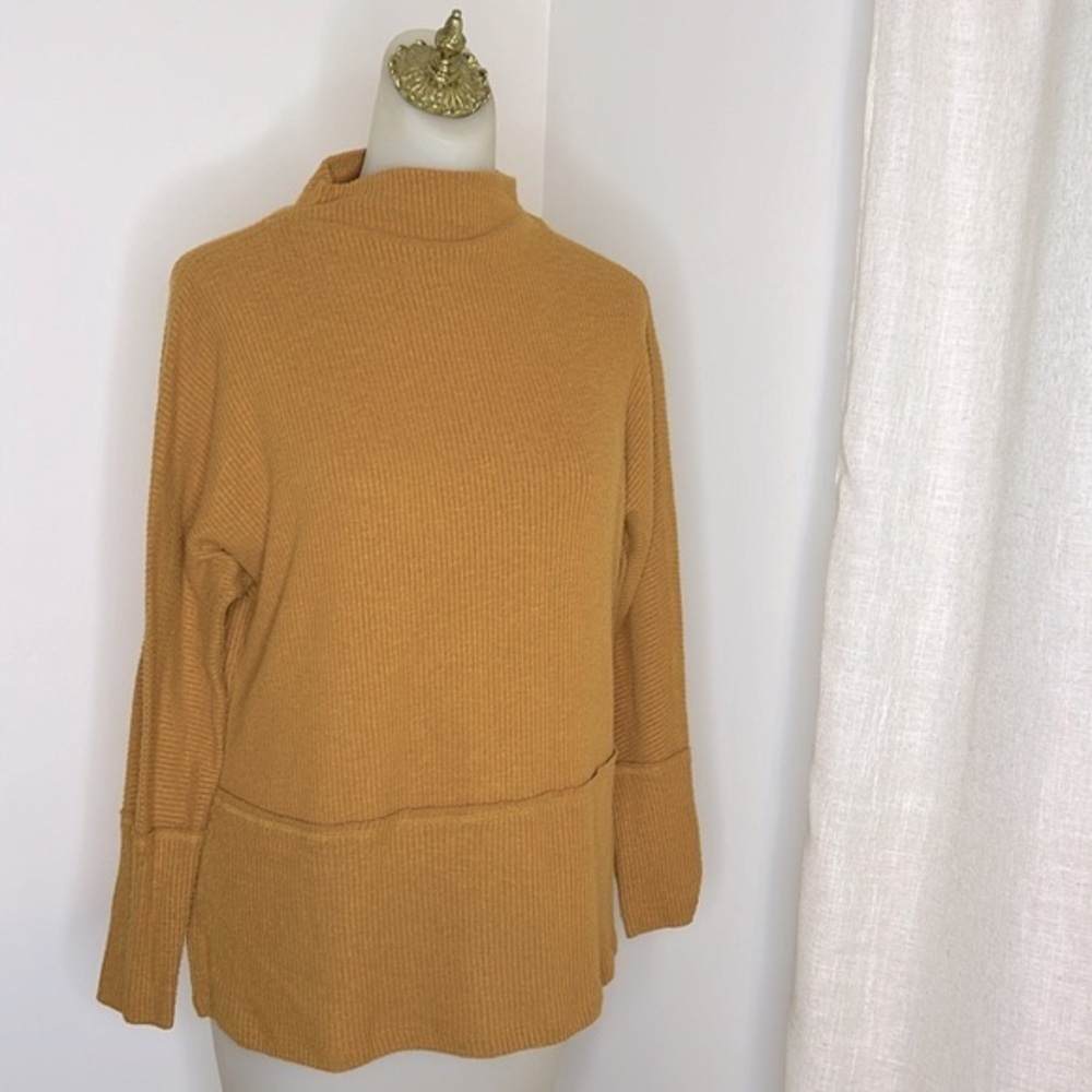 Eri + Ali‎ Womens Mustard Yellow Ribbed Tunic Sweater Small Cowl Turtleneck Cozy